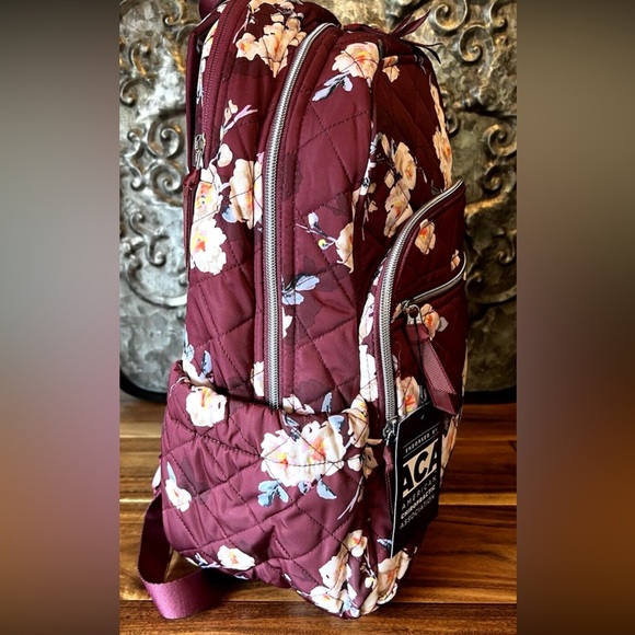 🌸 Quilted Floral Backpack – Burgundy Multi Pocket Travel/Everyday Bag/small 🌸 - Picture 4 of 14